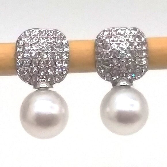 Earrings Pearl Rhinestone Elegant Drop Hollywood Glam Trendy Silver Stylish NEW - Picture 1 of 3